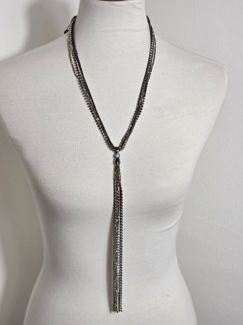White House Black Market Lariat Necklace Multi-Strand Mix Metal & Crystal Chains